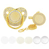 Gold rhinestone pacifier with clip and a gold chain for babies