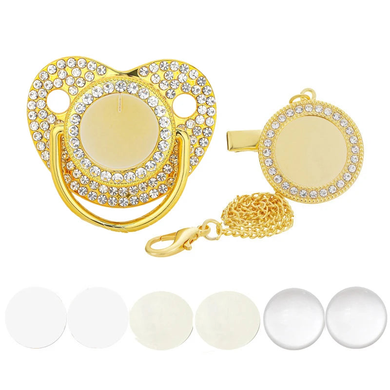 Gold rhinestone pacifier with clip and a gold chain for babies