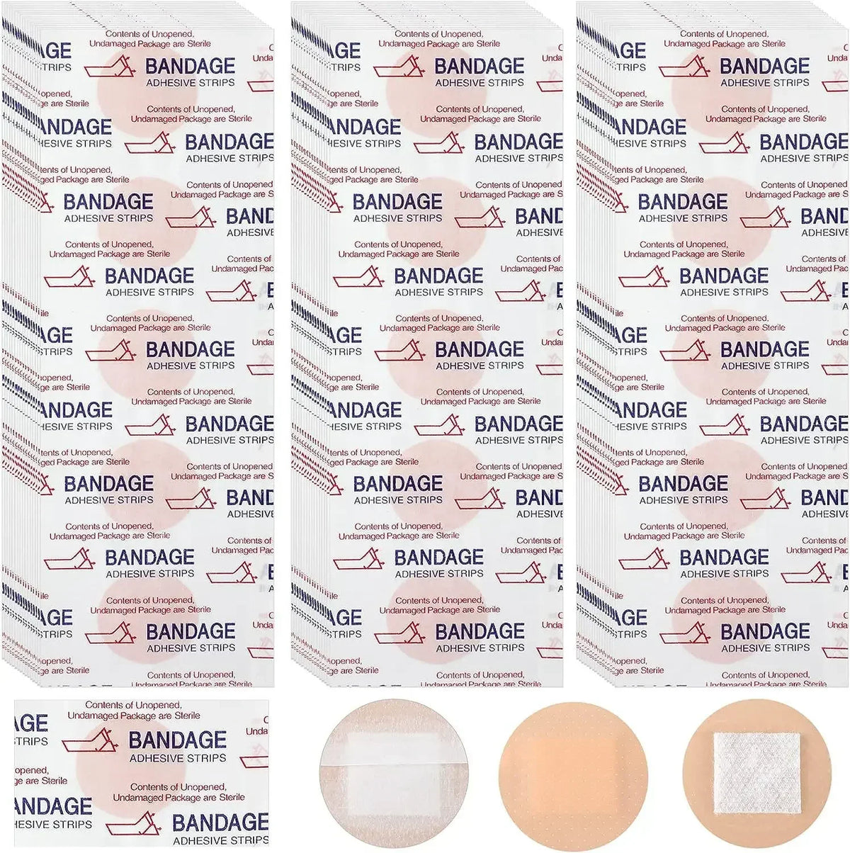 A collection of adhesive strips and bandages in various sizes and colors shown on a white background.