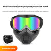 A black multifunctional dual-purpose protective mask with a vibrant iridescent lens and detachable headband.