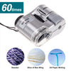 Silver 60 times LED handheld magnifier with UV light and storage pouch showing examples of sweat, bee wing slice, and A4 pape