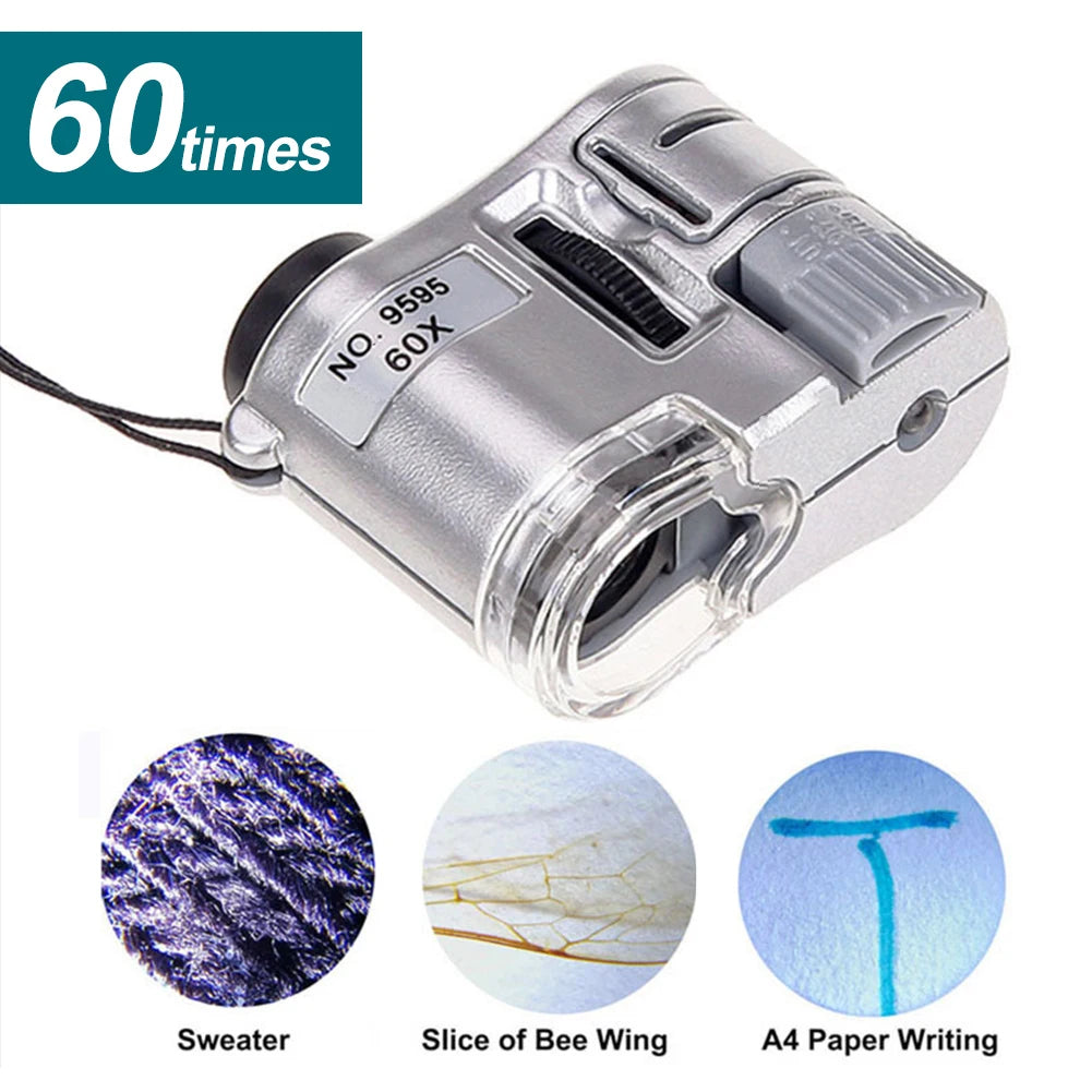 Silver 60 times LED handheld magnifier with UV light and storage pouch showing examples of sweat, bee wing slice, and A4 pape