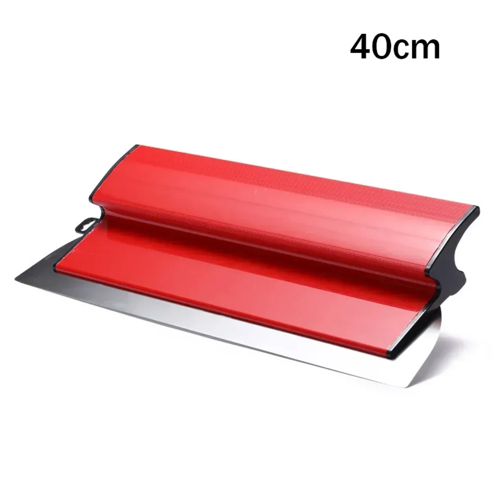 A red and silver professional skimming blade with a stainless steel edge shown at an angle.