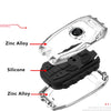 Protective key fob cover showing various materials including zinc alloy and silicone components.