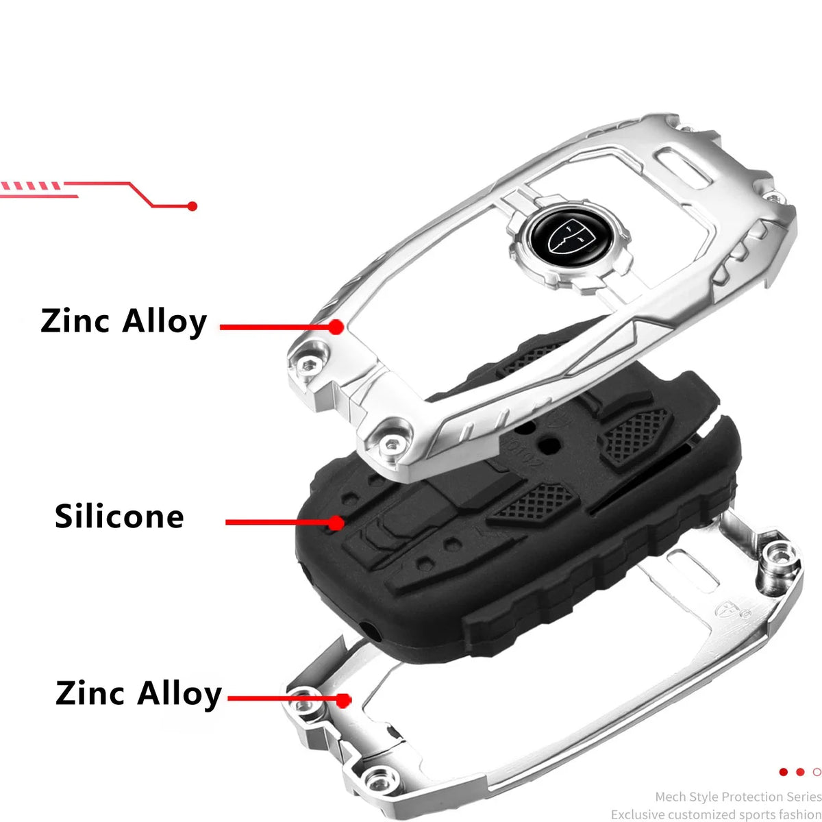 Protective key fob cover showing various materials including zinc alloy and silicone components.