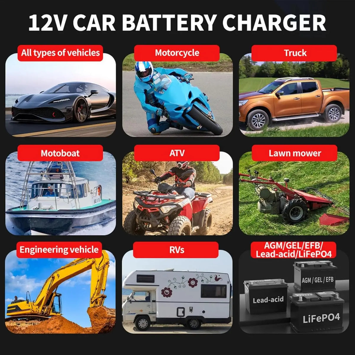 A collection of 12V car battery chargers for various vehicles including motorcycles, trucks, motorboats, ATVs, lawn mowers, e
