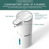 A white touchless automatic soap dispenser with a clear battery level display and a gear display.