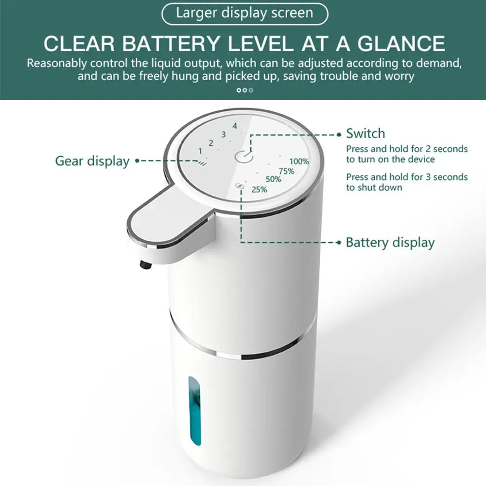 A white touchless automatic soap dispenser with a clear battery level display and a gear display.