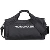 Black HONGYASE duffel bag with a shoulder strap and a shoe pocket.