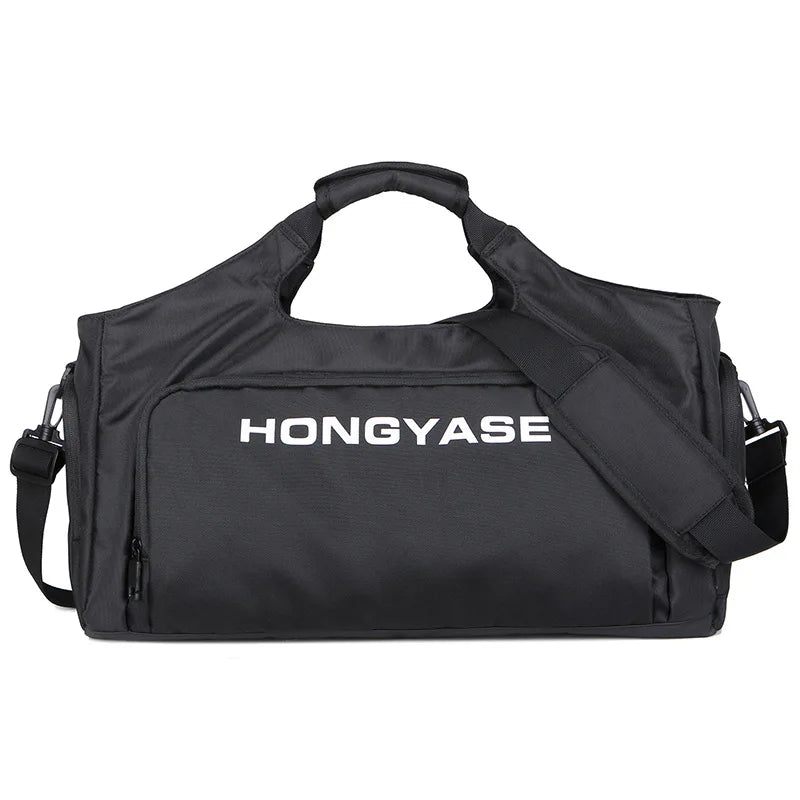 Black HONGYASE duffel bag with a shoulder strap and a shoe pocket.