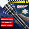 A hand holds a black high-power LED flashlight with a zoom lens and an LCD digital display against a dark, watery background.