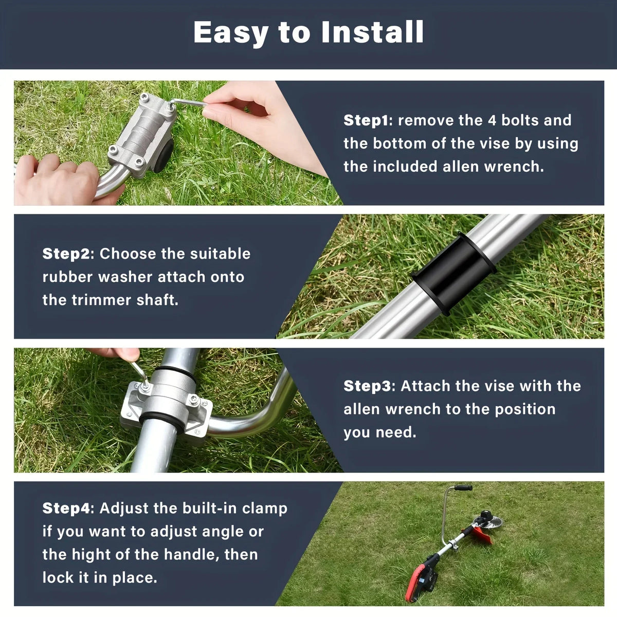 Instructions show how to install a vise attachment onto a trimmer shaft using bolts and an allen wrench.