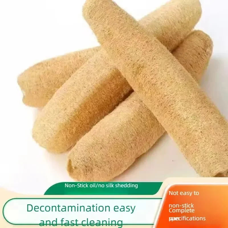 Natural loofah body scrubber with a hanging rope shown in a close-up view.