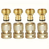 A set of four brass garden hose quick connect fittings, including two threaded pieces and two ribbed connectors.