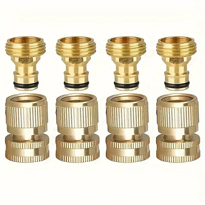 A set of four brass garden hose quick connect fittings, including two threaded pieces and two ribbed connectors.