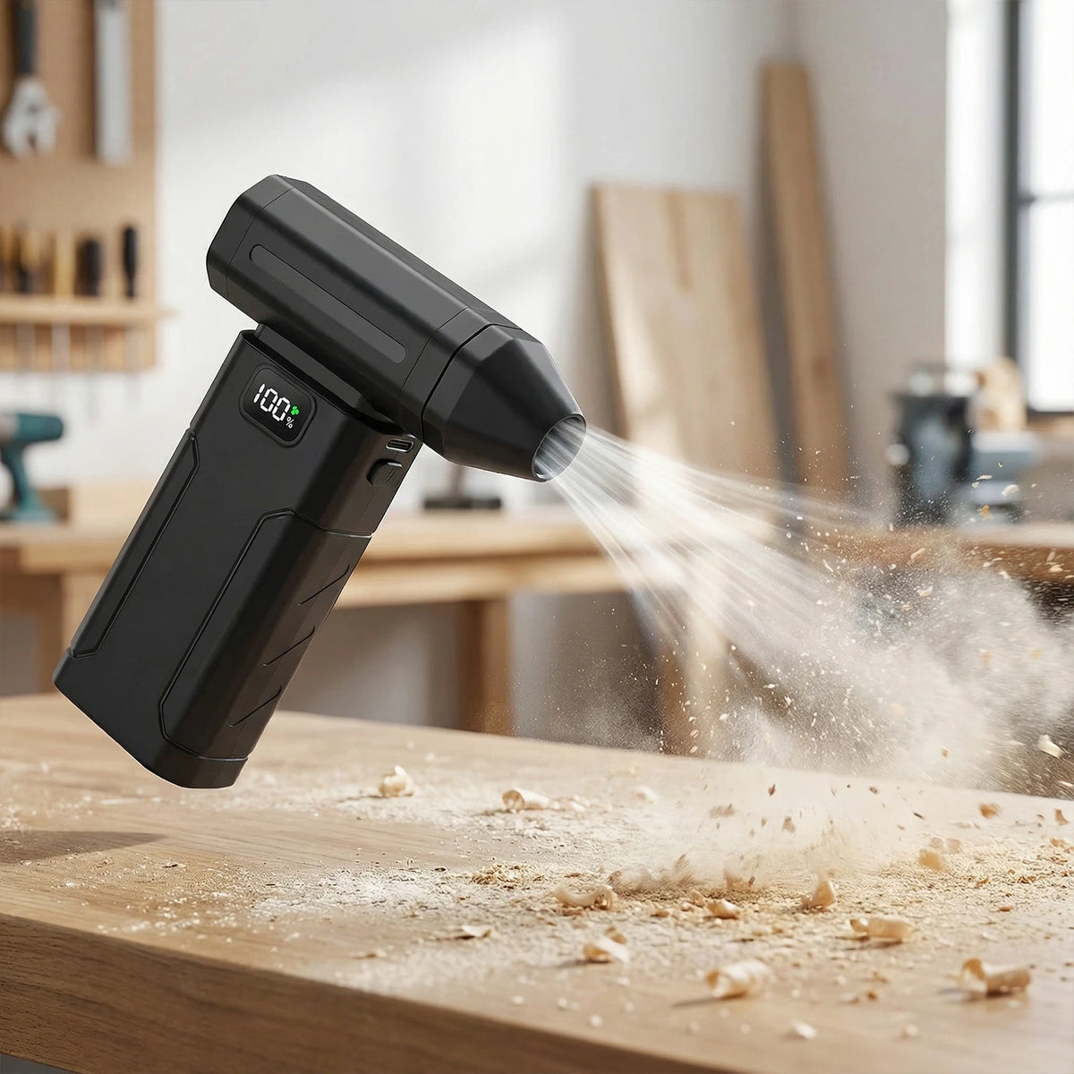 A black high-speed cordless air duster is shown blowing compressed air onto a wooden surface, creating dust and debris.