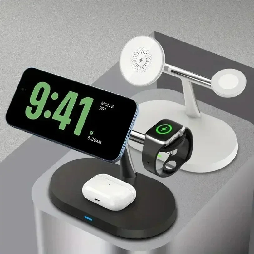 A magnetic wireless charging station setup showing a smartphone, Apple Watch, and AirPods charging simultaneously.