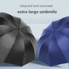 A black and blue extra large umbrella is shown open, highlighting its size and features.