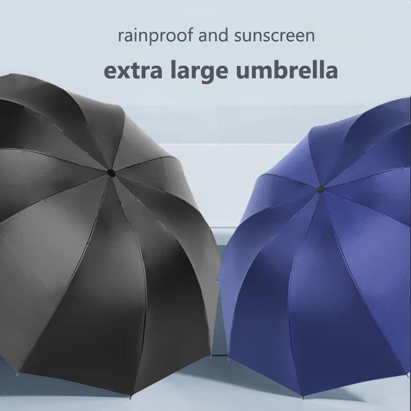 A black and blue extra large umbrella is shown open, highlighting its size and features.