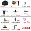 A collection of DIY drip irrigation components including hoses, plugs, drippers, connectors, and taps.