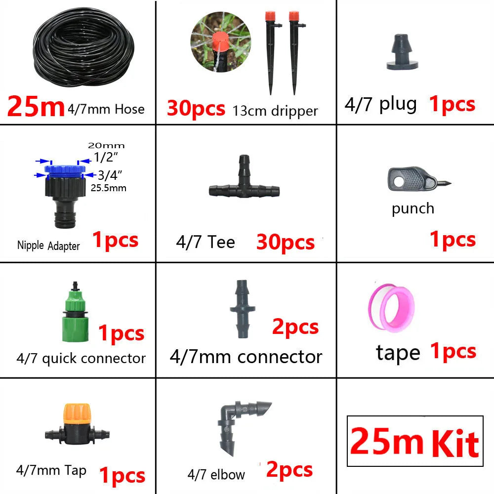 A collection of DIY drip irrigation components including hoses, plugs, drippers, connectors, and taps.