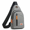 A gray Oxford canvas crossbody chest bag with black strap and orange accents.