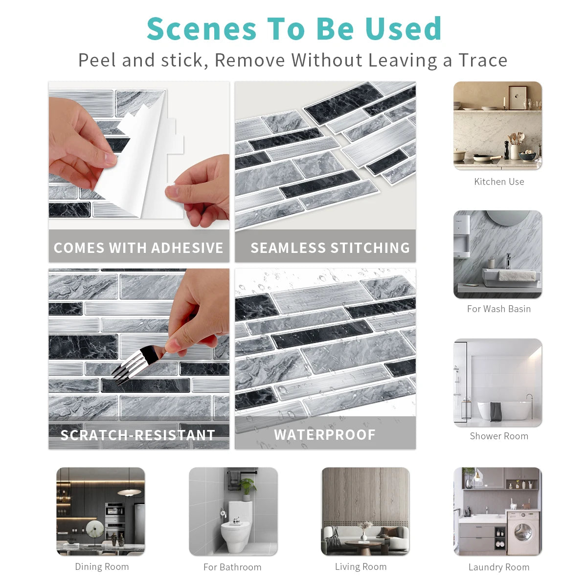 Peel and stick waterproof tile stickers for kitchen, bathroom, and shower rooms with seamless stitching.