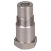 A silver metal oxygen sensor adapter with a threaded body and a hexagonal base.