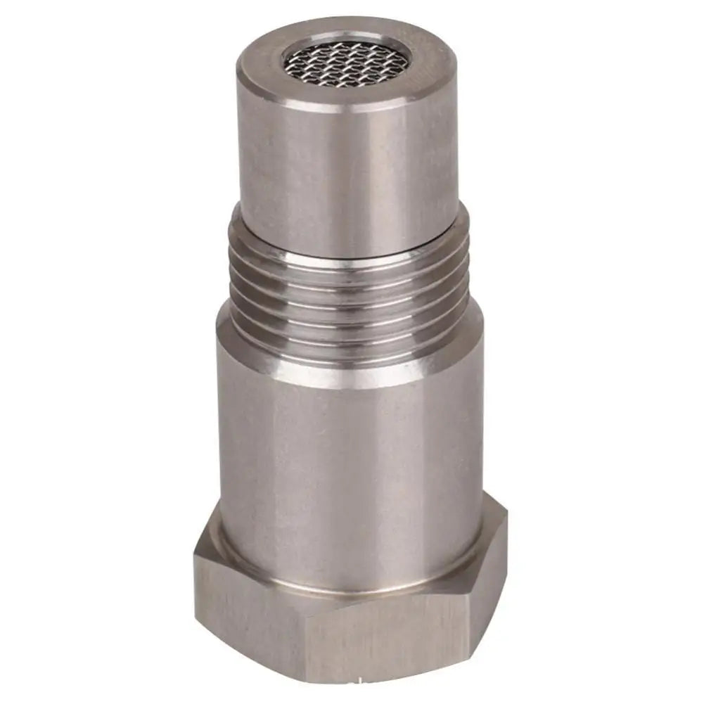 A silver metal oxygen sensor adapter with a threaded body and a hexagonal base.