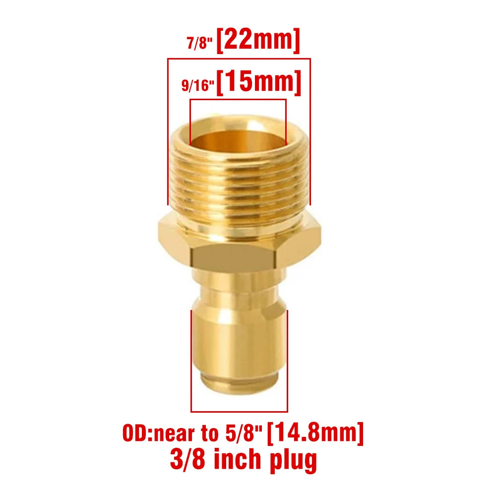 Brass quick-connect adapter set featuring 7/8 inch and 9/16 inch fittings for pressure washers