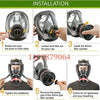 Installation steps for a full face respirator mask with a 40mm gas filter canister.