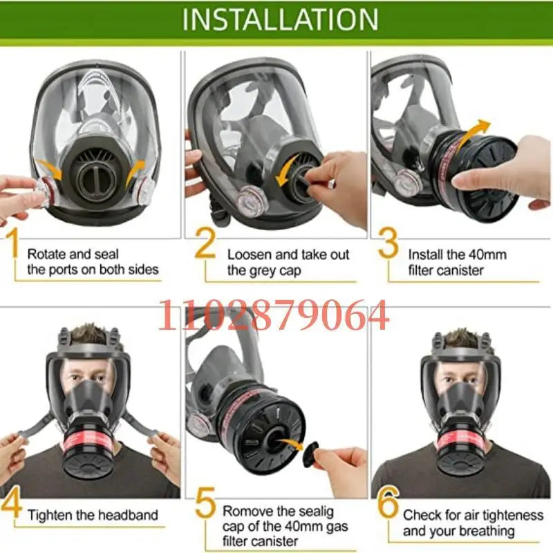 Installation steps for a full face respirator mask with a 40mm gas filter canister.