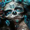 A detailed artistic rendering of a sugar skull face with blue floral accents and intricate line work.