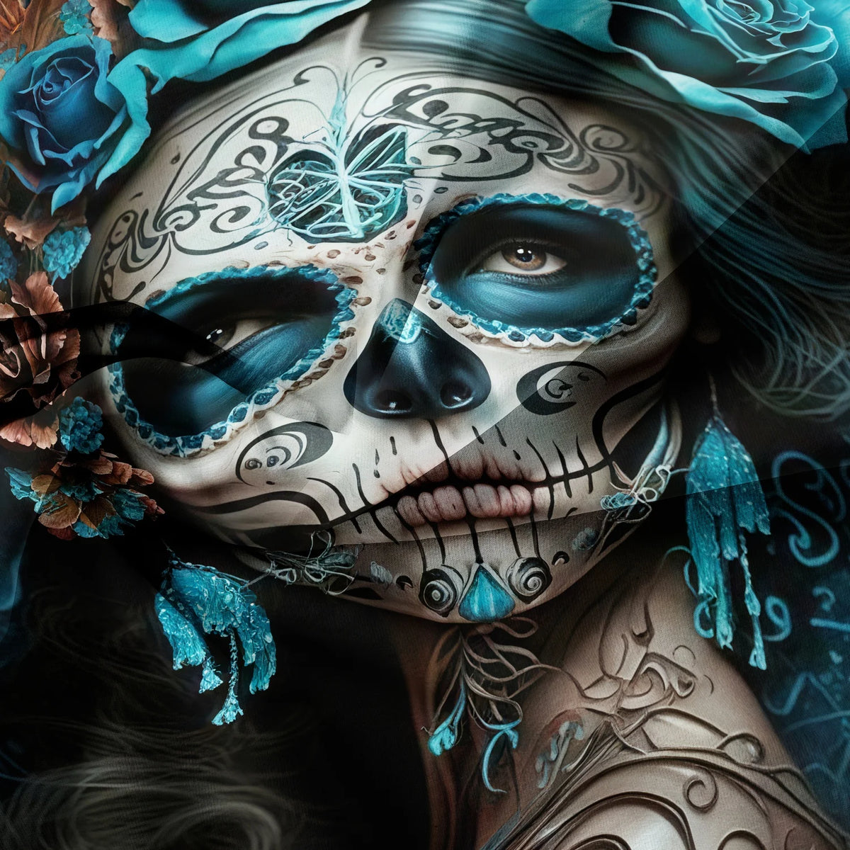 A detailed artistic rendering of a sugar skull face with blue floral accents and intricate line work.