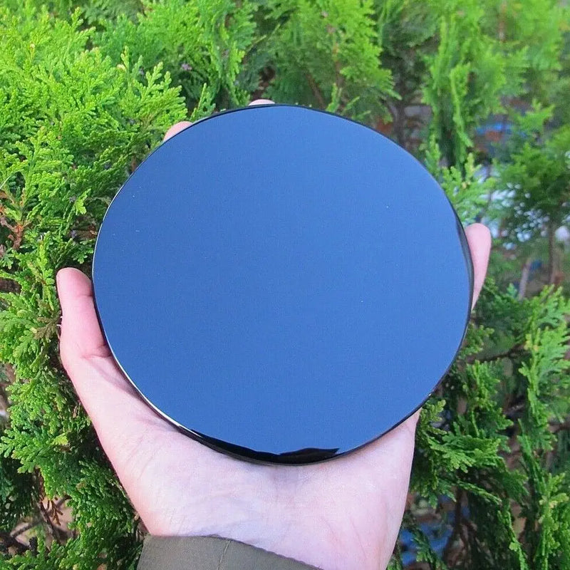Natural Black Obsidian Scrying Mirror with Display Stand