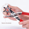 A hand holds a silver leather hole punch pliers, demonstrating the ability to revolve in the direction.