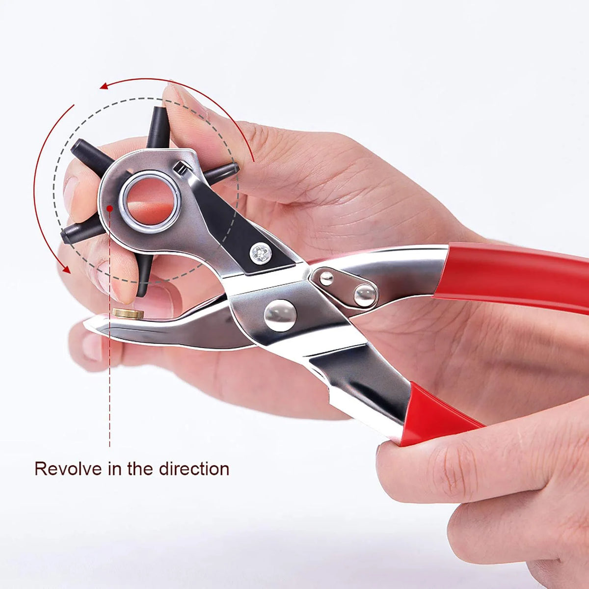 A hand holds a silver leather hole punch pliers, demonstrating the ability to revolve in the direction.