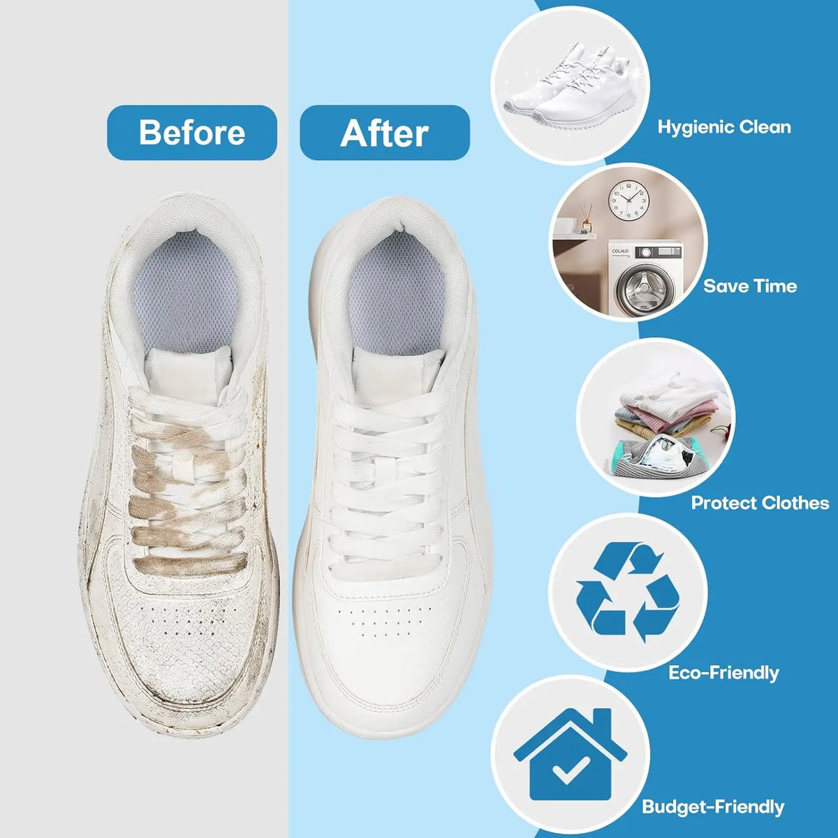 Before and after comparison of a reusable mesh shoe laundry bag used for washing machines and dryers.