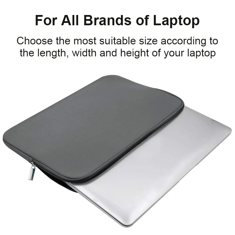 A gray protective sleeve designed to fit various laptop sizes, shown open and closed.