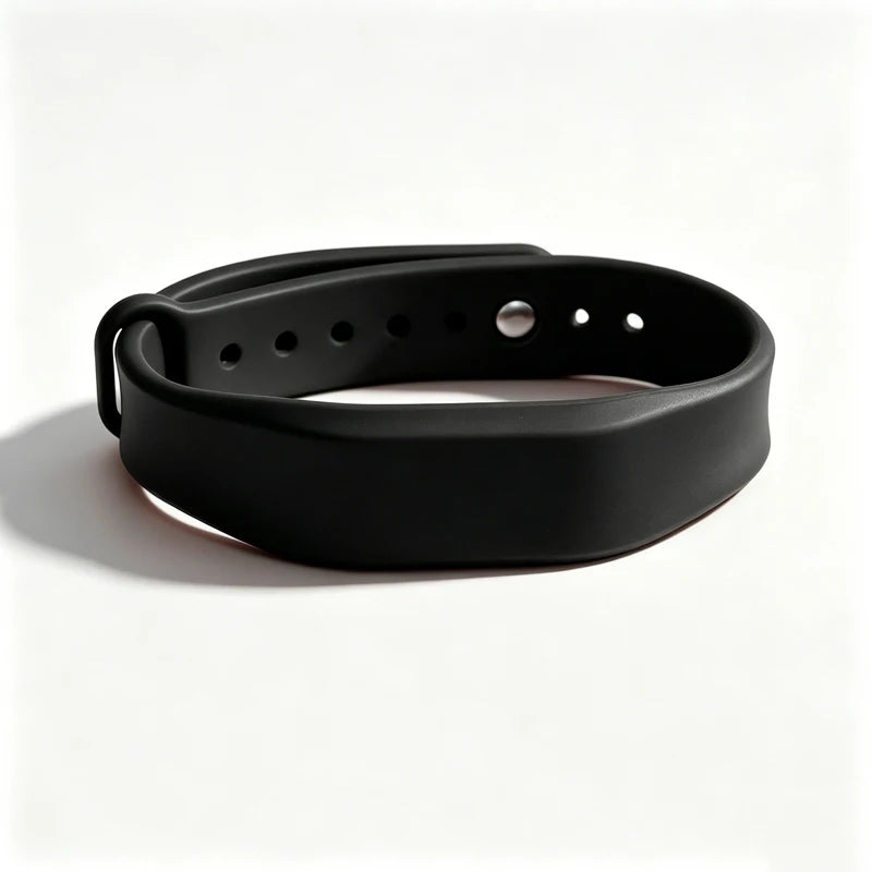 A black silicone wristband with a buckle and several holes for access control.
