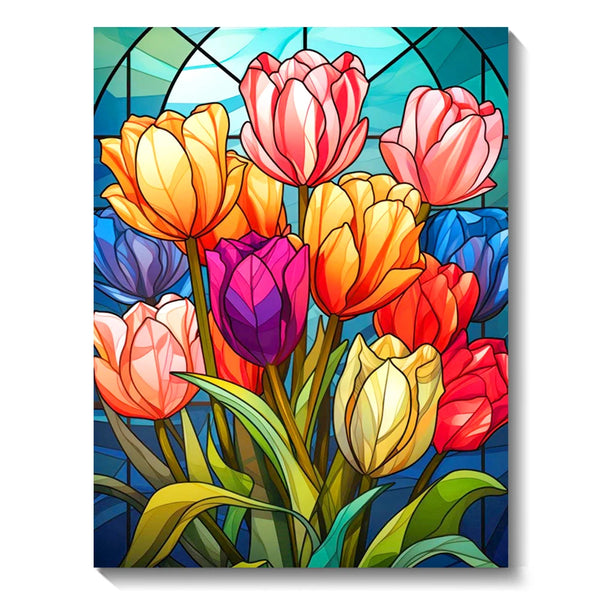 A vibrant diamond painting kit featuring colorful tulip flowers with a stained glass background.
