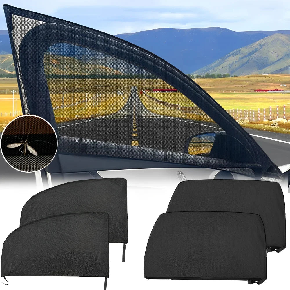 Black mesh sun shade covers for car windows providing breathable insect and UV protection
