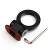 Black sporty trailer hook decorative accent for cars with a silver metal bar.