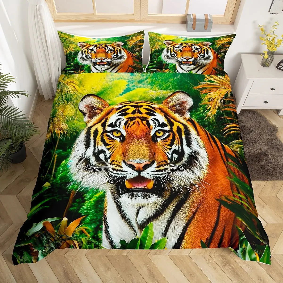 A duvet cover set featuring a repeating pattern of orange and black tiger faces on a green background.