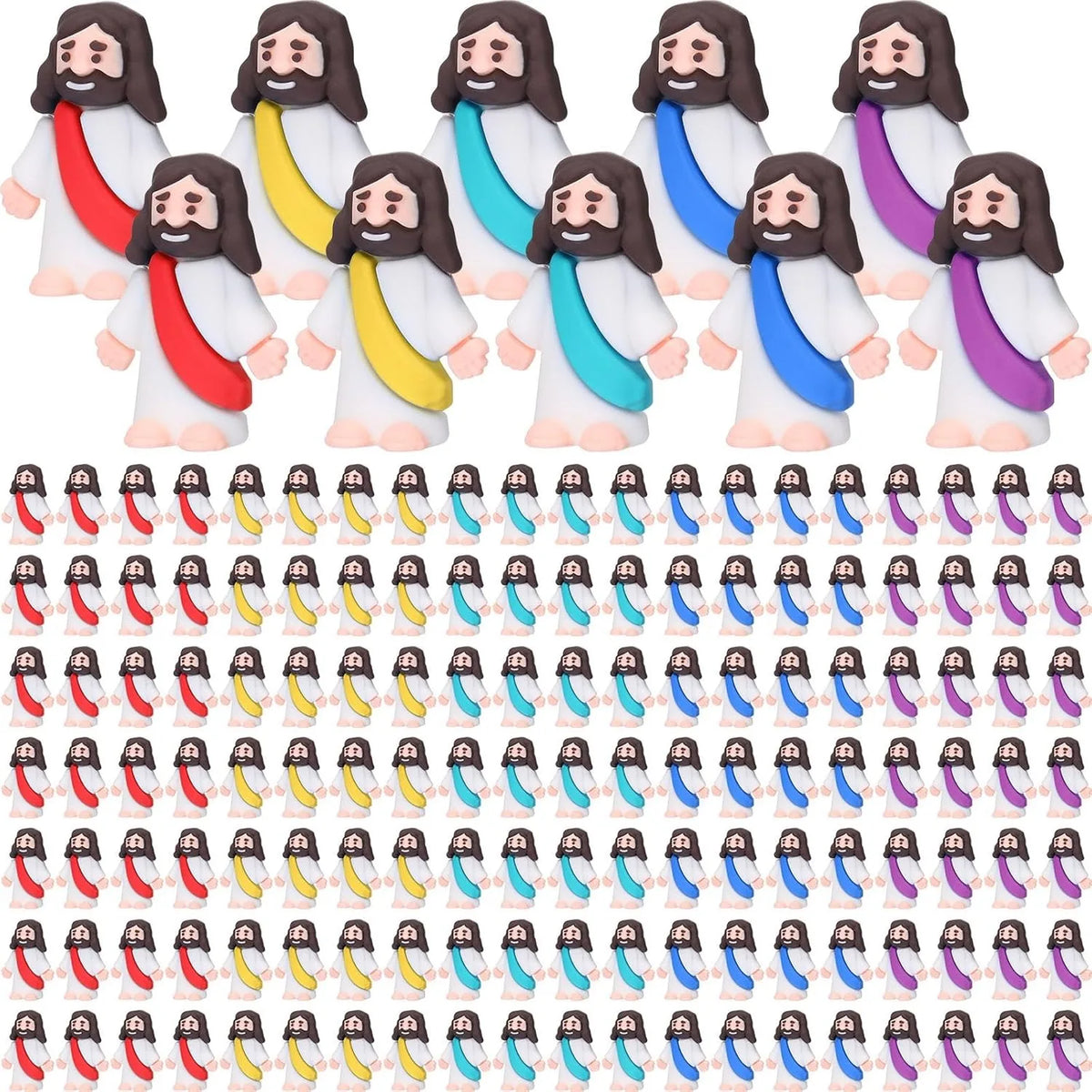 A collection of mini Jesus figurines in various colors and outfits for Easter celebrations.