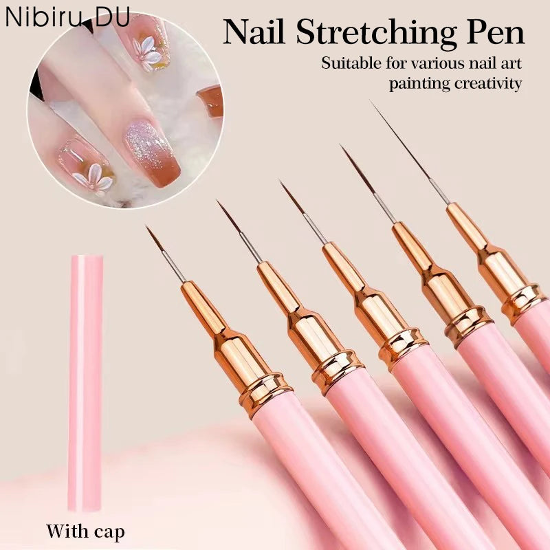 A set of five professional nail stretching pens with pink handles and gold tips for nail art painting creativity.