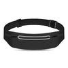 Black ultra-thin waterproof running waist pack worn around the waist.
