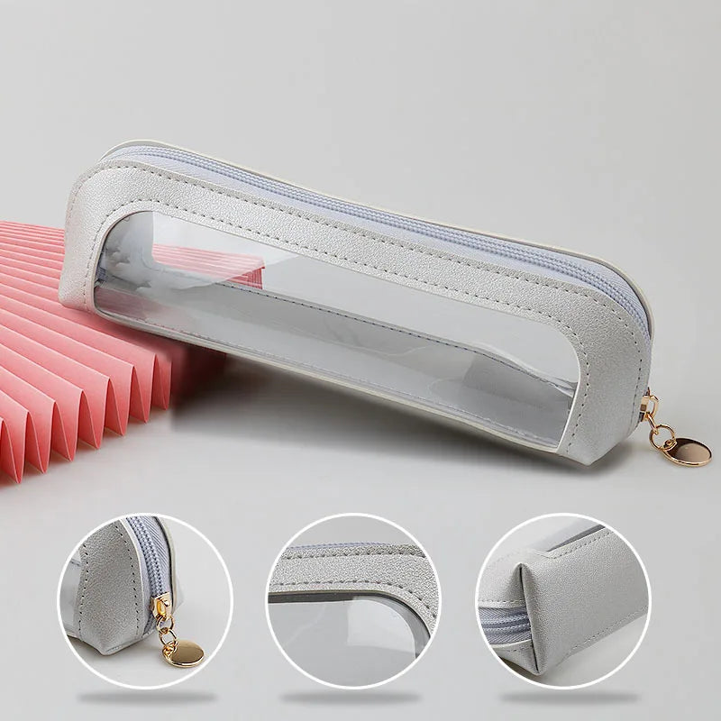 A clear waterproof travel makeup organizer pouch with a light gray leather trim shown from the side and close-up views.