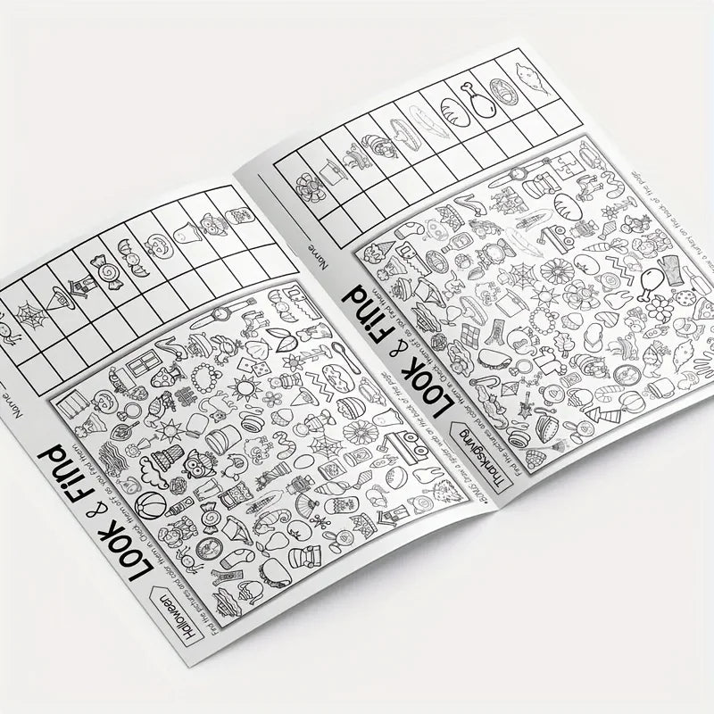 An open children's activity book showing pages filled with line drawings for find and color hidden objects