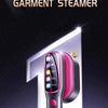 A black handheld garment steamer with a pink and purple handle is shown against a dark background.